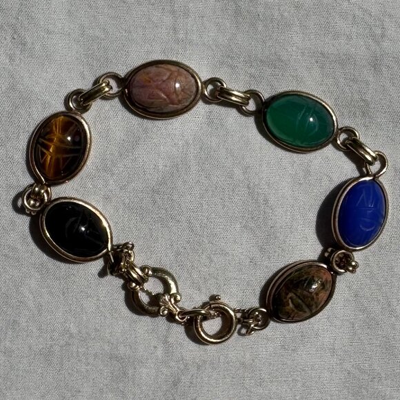 Vintage Gold Egyptian Scarab Bracelet with Precious Stones - Picture 1 of 7